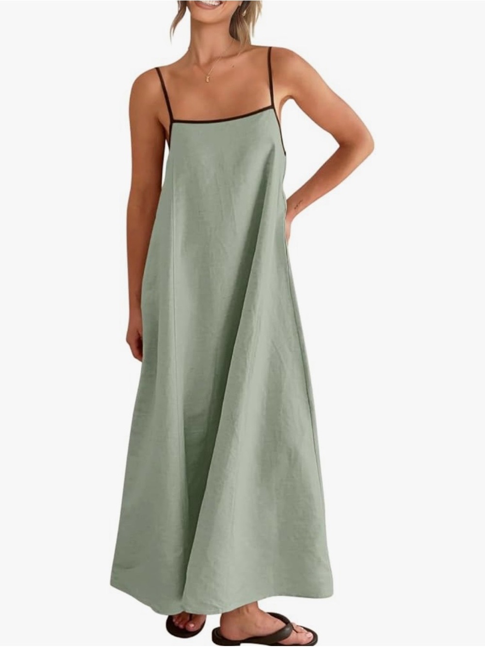 SHY VELVET Summer Beach Boho 100% Linen Sage w Black Straps/Trim Slip Maxi XS
